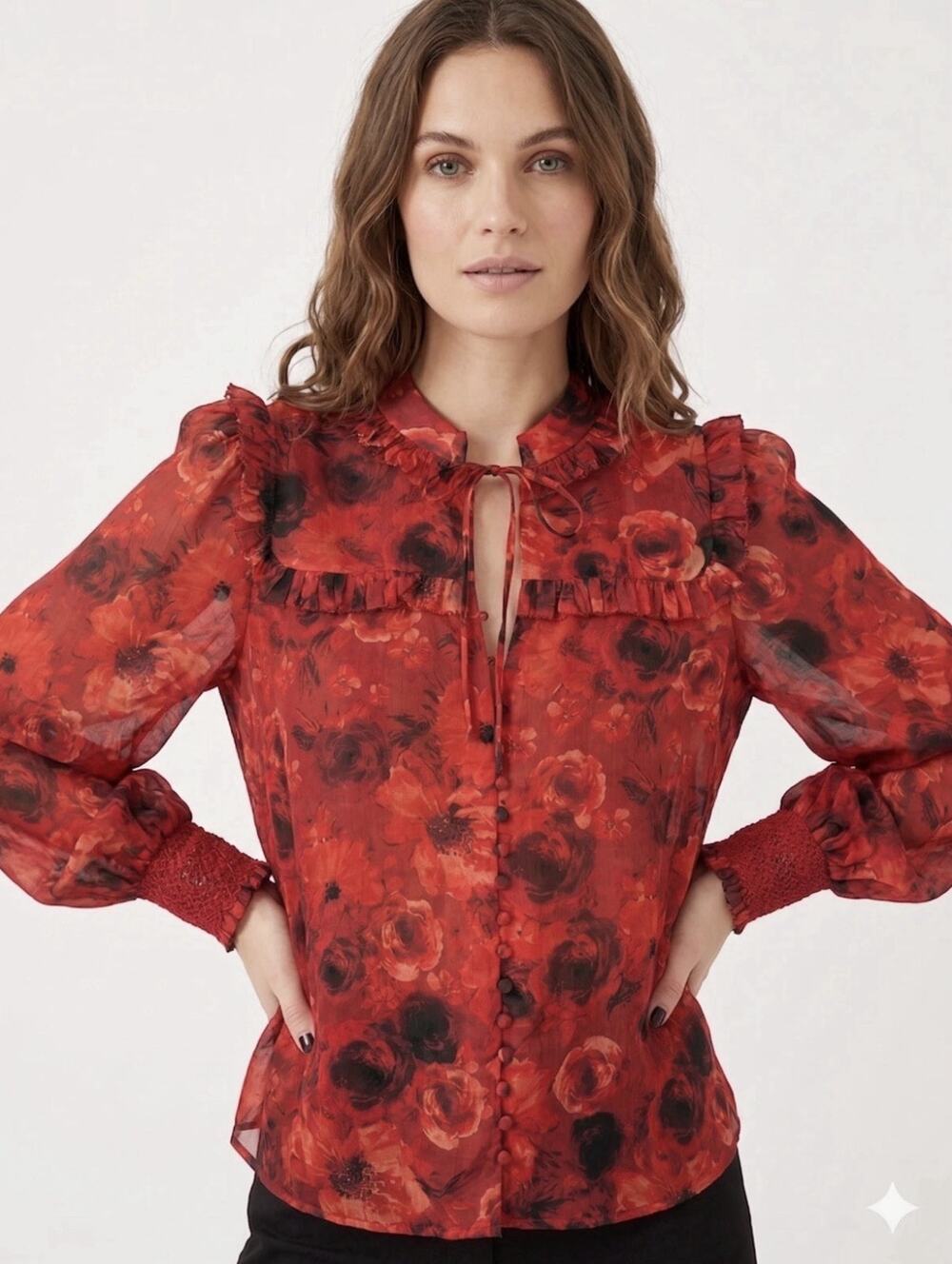 New Alice + Olivia Silk Blend Red Floral Tie-Neck Blouse Size Small
